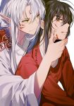  2boys artist_name bangs black_hair blood blood_on_face blood_on_fingers closed_mouth demon_boy facial_mark forehead_mark hair_between_eyes half-siblings hand_on_another&#039;s_face inuyasha inuyasha_(character) long_hair male_focus multiple_boys parted_bangs pointy_ears profile sesshoumaru silver_hair sukja yellow_eyes 