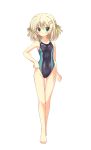  1girl ass_visible_through_thighs barefoot blonde_hair blush breasts competition_swimsuit covered_navel green_eyes hair_ribbon hand_on_hip hizuki_aki looking_to_the_side one-piece_swimsuit original ribbon short_hair small_breasts standing swimsuit 