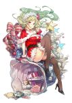  1girl artist_request belt breasts christmas_wreath cleavage floating_hair full_body fur_trim gift gloves green_hair highres holding long_hair looking_at_viewer official_art open_mouth pumps red_gloves sack santa_costume simple_background solo thigh-highs white_background youkai_hyakki-tan! 