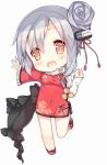  1girl :d asymmetrical_sleeves black_bow blush bow breasts chibi china_dress chinese_clothes clenched_hand dress eyebrows eyebrows_visible_through_hair fang floral_print fur_trim grey_hair hair_bun hair_ornament long_sleeves looking_at_viewer navel one_leg_raised open_mouth orange_eyes ping_hai_(zhan_jian_shao_nyu) red_dress red_shoes shoes smile solo standing standing_on_one_leg tengxiang_lingnai white_background wide_sleeves zhan_jian_shao_nyu 
