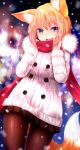  1girl :d absurdres adjusting_scarf animal_ears bangs blonde_hair blue_eyes blurry_background blush brown_legwear brown_skirt buttons coat commentary_request contrapposto cowboy_shot dutch_angle evening eyebrows eyebrows_visible_through_hair fox_ears fox_tail fur-trimmed_coat fur_coat fur_trim hair_over_eyes hands_up head_tilt highres hood hood_down long_sleeves looking_at_viewer miniskirt open_mouth original outdoors pantyhose pleated_skirt red_scarf scarf short_hair skirt smile snowing solo standing sukemyon tail teeth white_coat winter winter_clothes winter_coat 