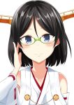  1girl adjusting_glasses bare_shoulders black_hair blue_eyes commentary_request detached_sleeves glasses green-framed_eyewear headgear japanese_clothes kantai_collection kirishima_(kantai_collection) looking_at_viewer nontraditional_miko shiny shiny_skin short_hair simple_background smile solo tatsuno white_background 