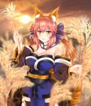  1girl animal_ears bashiko_(shinba557i) blue_legwear bow breasts cleavage detached_sleeves fate/extra fate/grand_order fate/stay_night fate_(series) flower fox_ears fox_tail hair_bow hair_ribbon highres japanese_clothes large_breasts lips pink_hair ribbon solo sun tail tamamo_(fate)_(all) tamamo_no_mae_(fate) yellow_eyes 