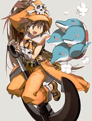  1girl anchor belt blush brown_eyes brown_hair dolphin fingerless_gloves gloves guilty_gear hat long_hair may_(guilty_gear) orange_hat orange_shirt pirate pirate_hat shirt skull_and_crossbones smile ysk! 