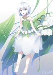  1girl 2016 :d ahoge barefoot blue_eyes camisole collarbone criss-cross_halter dated eyebrows eyebrows_visible_through_hair floral_background flower frilled_skirt frills full_body gradient gradient_background green_shirt halter_top halterneck head_tilt lily_(flower) looking_at_viewer makadamixa minigirl number open_mouth original personification shirt short_hair signature silver_hair skirt skirt_hold smile solo water_drop white_skirt 