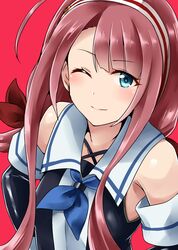  1girl ;d armpits blue_eyes brown_hair detached_sleeves hairband highres kamelie kantai_collection kawakaze_(kantai_collection) long_hair looking_at_viewer one_eye_closed open_mouth red_background school_uniform serafuku smile solo 