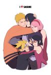  2girls 3boys bare_shoulders black_hair blonde_hair character_name closed_eyes elbowing facial_mark family father_and_son forehead_mark forehead_protector hair_over_one_eye haruno_sakura heart highres hug multiple_boys multiple_girls naruto pink_hair redlhzz shaded_face uchiha_sarada uchiha_sasuke uzumaki_boruto uzumaki_naruto whisker_markings 