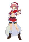  1girl aqua_eyes beltskirt bike_shorts boots capelet clenched_hand fingerless_gloves full_body fur_trim gloves hand_on_hip hat highres long_hair looking_at_viewer midriff navel official_art open_mouth peroshi_(graphic_loops) pink_hair round_teeth santa_costume santa_hat simple_background skirt solo teeth toys_drive white_background 
