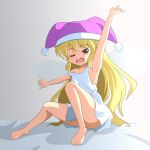  1girl ;o arm_up armpits bangs bare_legs barefoot blonde_hair cato_(monocatienus) chemise clownpiece commentary_request convenient_leg fairy_wings full_body hat jester_cap knee_up long_hair looking_at_viewer nightcap nightgown on_bed one_eye_closed open_mouth outstretched_arms red_eyes sitting sleepwear strap_slip stretch sunlight touhou very_long_hair waking_up wavy_mouth wings yawning 