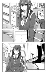  bag bedroom black_legwear bocha_(gotipoke) cardigan comic greyscale hair_between_eyes idolmaster idolmaster_cinderella_girls long_hair long_sleeves monochrome necktie school_bag school_uniform shibuya_rin striped striped_necktie translation_request 