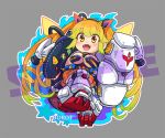  1girl :d armor blonde_hair breasts doll ebi_no_hito fang flower_knight_girl gradient_hair green_hair grey_background hairband hoozuki_(flower_knight_girl) long_hair looking_at_viewer mecha_musume multicolored_hair open_mouth orange_eyes orange_skirt sample sidelocks skirt smile snake solo twintails 