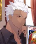  1boy archer_(fate) black_shirt blurry blurry_background blurry_foreground collarbone collared_shirt commentary_request curtains dark_skin depth_of_field face fate/stay_night fate_(series) hair_slicked_back hand_on_own_chin highres holding indoors looking_at_viewer magazine male_focus pen reading red_eyes shimatori_(sanyyyy) shirt short_hair solo white_hair window 