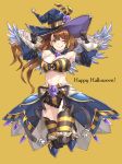  &gt;;) &gt;;p 1girl absurdres bandeau bangs bare_shoulders beatrix_(granblue_fantasy) black_gloves black_ribbon blue_hat blush breasts brown_hair cleavage closed_mouth detached_collar detached_sleeves frilled_shorts frills gloves granblue_fantasy green_eyes hair_between_eyes halloween halloween_costume happy_halloween hat highres large_breasts long_hair long_sleeves looking_at_viewer michihasu navel one_eye_closed orange_background ribbon short_shorts shorts showgirl_skirt simple_background solo striped striped_legwear thigh-highs wide_sleeves witch_hat 