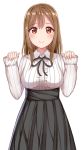  1girl alternate_costume black_ribbon breasts brown_eyes brown_hair center_frills commentary_request eyebrows eyebrows_visible_through_hair highres kunikida_hanamaru large_breasts long_hair long_sleeves looking_at_viewer love_live! love_live!_sunshine!! mizukoshi_(marumi) ribbon simple_background smile solo virgin_killer_outfit white_background 