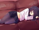  1girl akatsuki_(kantai_collection) black_hair closing_eyes couch hamaru_(s5625t) highres kantai_collection long_hair lying miniskirt navel on_side pantyhose school_uniform serafuku shirt_pull skirt sleeping solo stomach thighs 