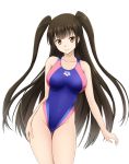  1girl arena_(company) ass_visible_through_thighs bangs bare_arms bare_legs bare_shoulders blue_swimsuit blunt_bangs blush breasts brown_eyes brown_hair closed_mouth clothes_writing collarbone competition_swimsuit contrapposto covered_navel eyebrows eyebrows_visible_through_hair eyelashes fuuma_nagi groin hand_on_own_thigh head_tilt highleg highleg_swimsuit large_breasts legs_together long_hair looking_at_viewer one-piece_swimsuit original revision sidelocks simple_background skin_tight smile solo standing swimsuit thigh_gap twintails two_side_up very_long_hair white_background 