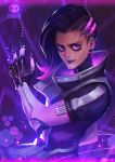  1girl asymmetrical_hair black_hair character_name gloves glowing jacket lipstick makeup overwatch purple_lipstick skull solo sombra_(overwatch) violet_eyes xiaoguimist 