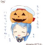  1girl beret blue_hair chibi closed_eyes flying_sweatdrops halloween hat kantai_collection long_hair mae_(maesanpicture) numbered pumpkin pumpkin_hat sailor_collar samidare_(kantai_collection) smile solo translated twitter_username 