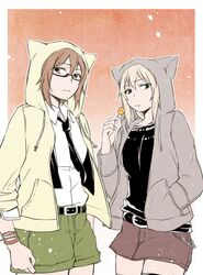  2girls animal_hood bangs belt bespectacled black_legwear black_shirt blue_eyes bracelet brown_eyes brown_hair candy casual chains closed_mouth cowboy_shot dress_shirt female food girls_und_panzer glasses gradient gradient_background green_shorts grey_jacket grey_skirt hand_in_pocket holding hood hoodie itsumi_erika jacket jewelry lollipop long_hair long_sleeves looking_at_viewer miniskirt multiple_girls necktie nishizumi_maho orange_background shirt short_hair short_shorts shorts silver_hair skirt standing thigh-highs white_background white_shirt yellow_jacket yuhi zettai_ryouiki 