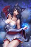  1girl ahri animal_ears artist_name bare_shoulders black_hair breasts cleavage collarbone cowboy_shot energy_ball facial_mark fingernails fox_ears hair_tousle hand_up korean_clothes league_of_legends lipstick long_hair looking_at_viewer makeup medium_breasts mole_on_body nail_polish nose off_shoulder olga_narhova reaching reaching_out red_lips red_lipstick red_nails sarashi signature solo tassel watermark web_address whisker_markings 