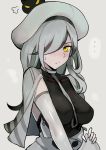  ... 1girl beret black_clothes blush breasts capelet embarrassed from_side hair_ornament hair_over_one_eye hat kantai_collection long_hair looking_at_viewer medium_breasts seaplane_tender_water_hime shinkaisei-kan spoken_ellipsis upper_body walzrj white_hair white_hat white_skin yellow_eyes 