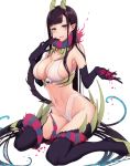  1girl ane_naru_mono black_hair blush breasts chiyo_(ane_naru_mono) demon_girl horns large_breasts long_hair looking_at_viewer mole mole_under_eye navel original pochi_(pochi-goya) pointy_ears simple_background sitting smile solo tentacle thigh-highs very_long_hair violet_eyes wariza white_background 