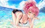  1girl :d all_fours artist_request ass beach bikini black_bikini bow breasts cleavage clouds hair_bow highres idolmaster idolmaster_cinderella_girls jougasaki_mika leaning_forward ocean open_mouth pink_hair ponytail sky smile swimsuit tagme tr yellow_eyes 