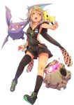  1girl brown_hair crobat fu-ta hair_ornament hairpin highres kneehighs minior mismatched_legwear open_mouth pikachu poke_ball pokemon pokemon_(game) pokemon_sm shorts solo tan thigh-highs white_background yellow_eyes 