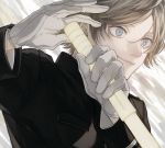  1boy black_jacket blue_eyes brown_hair closed_mouth curry_gohan eyelashes from_side gloves holding holding_weapon jacket light_particles long_sleeves looking_at_viewer looking_away male_focus ouji_kazuaki signature smile solo upper_body weapon white_gloves world_trigger 