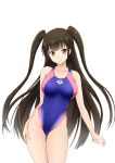  1girl arena_(company) ass_visible_through_thighs bangs bare_arms bare_legs bare_shoulders blue_swimsuit blunt_bangs blush breasts brown_eyes brown_hair closed_mouth clothes_writing collarbone competition_swimsuit contrapposto covered_navel eyebrows eyebrows_visible_through_hair eyelashes fuuma_nagi groin hand_on_own_thigh head_tilt highleg highleg_swimsuit large_breasts legs_together long_hair one-piece_swimsuit original sidelocks skin_tight smile solo standing swimsuit thigh_gap twintails very_long_hair 
