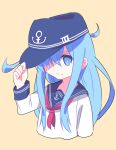  1girl anchor_symbol blue_eyes blue_hair flat_cap hat hat_tip hibiki_(kantai_collection) kantai_collection long_hair looking_at_viewer neckerchief one_eye_covered school_uniform serafuku simple_background solo tonmoh upper_body 