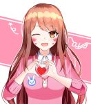  1girl ;d blush brown_eyes brown_hair bunny_print buttons character_name collared_shirt d.va_(overwatch) dress_shirt eyebrows eyebrows_visible_through_hair facepaint facial_mark fingernails hands_up heart heart_hands highres long_hair looking_at_viewer niji_(rudduf232) one_eye_closed open_mouth overwatch pink_sweater shirt sleeves_past_elbows smile solo sweater upper_body whisker_markings white_shirt 