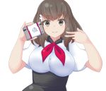  1girl :&gt; blush breasts brown_eyes brown_hair eyebrows eyebrows_visible_through_hair gatchaman_crowds hair_ornament high-waist_skirt highres ichinose_hajime kuro_mushi large_breasts long_hair looking_at_viewer school_uniform simple_background solo v white_background 