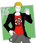  1boy blazer blonde_hair claw_pose clothes_writing green_background hand_in_pocket hand_on_hip jacket looking_at_viewer male_focus outside_border pants persona persona_5 plaid plaid_pants sakamoto_ryuuji school_uniform shirt short_hair simple_background sketch solo square t-shirt takeya23 yellow_eyes 
