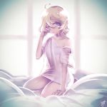  1girl ahoge artist_name blonde_hair blue_eyes bra collarbone full_body highres kisaragiyuu off-shoulder_shirt one_eye_closed original rubbing_eyes see-through seiza shirt signature sitting solo underwear vignetting 