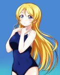  1girl ayase_eli blonde_hair blue_background blue_eyes blue_swimsuit competition_school_swimsuit covered_navel hair_down long_hair looking_at_viewer love_live! love_live!_school_idol_project school_swimsuit standing swimsuit wewe 