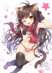  1girl ;d animal_ears black_gloves black_legwear bow breasts brown_hair cat_ears cat_tail cleavage fur_trim gloves gradient_hair grey_hair long_hair mauve multicolored_hair navel one_eye_closed open_mouth original panties pom_pom_(clothes) red_scarf red_shoes ribbon scarf shiny shiny_skin shoe_bow shoes smile solo star starry_background striped striped_panties tail tail_ribbon topless underwear very_long_hair w white_background yellow_eyes 