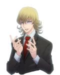  1boy barnaby_brooks_jr commentary_request formal glasses jewelry keno_kaicoo male_focus necktie potters_wheel_pose ring simple_background smile solo suit tiger_&amp;_bunny white_background 