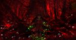  00 1girl blurry dark dress forest glowing glowing_eyes highres long_hair looking_at_viewer magic nature original red red_eyes skull solo torn_clothes torn_dress tree 