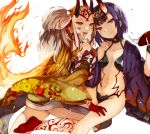  2girls absurdres alcohol bare_shoulders barefoot blonde_hair breasts closed_mouth collarbone earrings facial_mark fang fate/grand_order fate_(series) fire highres horns ibaraki_douji_(fate/grand_order) japanese_clothes jewelry kimono long_hair looking_at_viewer multicolored_hair multiple_girls nagatsuki_take navel oni oni_horns open_mouth pointy_ears purple_hair sakazuki sake short_hair shuten_douji_(fate/grand_order) small_breasts smile tattoo two-tone_hair violet_eyes white_hair yellow_eyes 