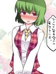  1girl ascot between_breasts blush breasts commentary dress_shirt embarrassed floral_background green_hair hammer_(sunset_beach) kazami_yuuka looking_at_viewer medium_breasts open_mouth plaid plaid_skirt plaid_vest red_eyes shirt skirt solo touhou translated upper_body v_arms 