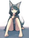  1girl animal_ears animal_hood arm_support badge bangs bare_legs barefoot blue_eyes blue_hair body_blush button_badge clenched_hand eating eyebrows eyebrows_visible_through_hair food fox_ears fox_tail full_body holding holding_food hood ice_cream ice_cream_cone jacket noconol original shirt sitting sketch smiley_face solo striped striped_shirt swept_bangs tail toes tongue tongue_out unzipped white_background 