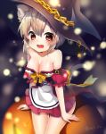  1girl :d animal_ears bare_shoulders belt blush bow breasts chain cleavage dress fang halloween hat nachiru open_mouth original pumpkin red_eyes short_hair silver_hair sitting smile solo tail witch_hat 