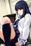  1girl black_eyes black_hair blush convenient_leg eyebrows eyebrows_visible_through_hair highres long_hair long_sleeves matsunaga_kouyou open_mouth original panties panties_around_one_leg school_uniform serafuku solo underwear 