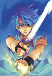  1boy black_gloves blue_clothes blue_eyes blue_hair dragon_quest dragon_quest_vi gloves haruno_(haruc77) hero_(dq6) lowres male_focus solo sword weapon 