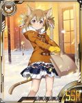  1girl animal_ears brown_eyes brown_hair card_(medium) cat_ears cat_tail gloves holding layered_skirt looking_at_viewer outdoors short_hair silica silica_(sao-alo) smile snow solo star sword_art_online tail yellow_gloves 