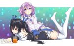  2girls bare_shoulders black_hair breasts choujigen_game_neptune cup d-pad hair_ornament highres long_hair lying multiple_girls neptune_(choujigen_game_neptune) neptune_(series) noire oekakizuki on_stomach orange_juice purple_hair reading red_eyes ribbon short_hair straw twintails very_long_hair violet_eyes 