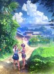  2girls aalge architecture brown_hair camisole clouds day dirt_road east_asian_architecture flower food grass ice_cream long_hair multiple_girls original sandals scenery shoes short_hair shorts skirt sky spider_lily summer twintails 
