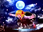  1girl :d ascot black_skirt black_vest blonde_hair fireflies flying full_body full_moon hair_ribbon highres lake long_sleeves looking_at_viewer mary_janes misty_lake moon moonlight night night_sky open_mouth outdoors outstretched_arms red_eyes red_ribbon red_shoes ribbon rumia sakipsakip shirt shoes short_hair skirt skirt_set sky smile solo spread_arms touhou white_shirt 