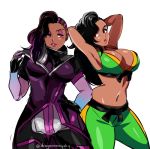  2girls asymmetrical_hair breasts cleavage crossover d-ryuu dark_skin hairstyle_connection high_collar laura_matsuda look-alike mole mole_under_eye multiple_girls overwatch sombra_(overwatch) street_fighter street_fighter_v undercut 